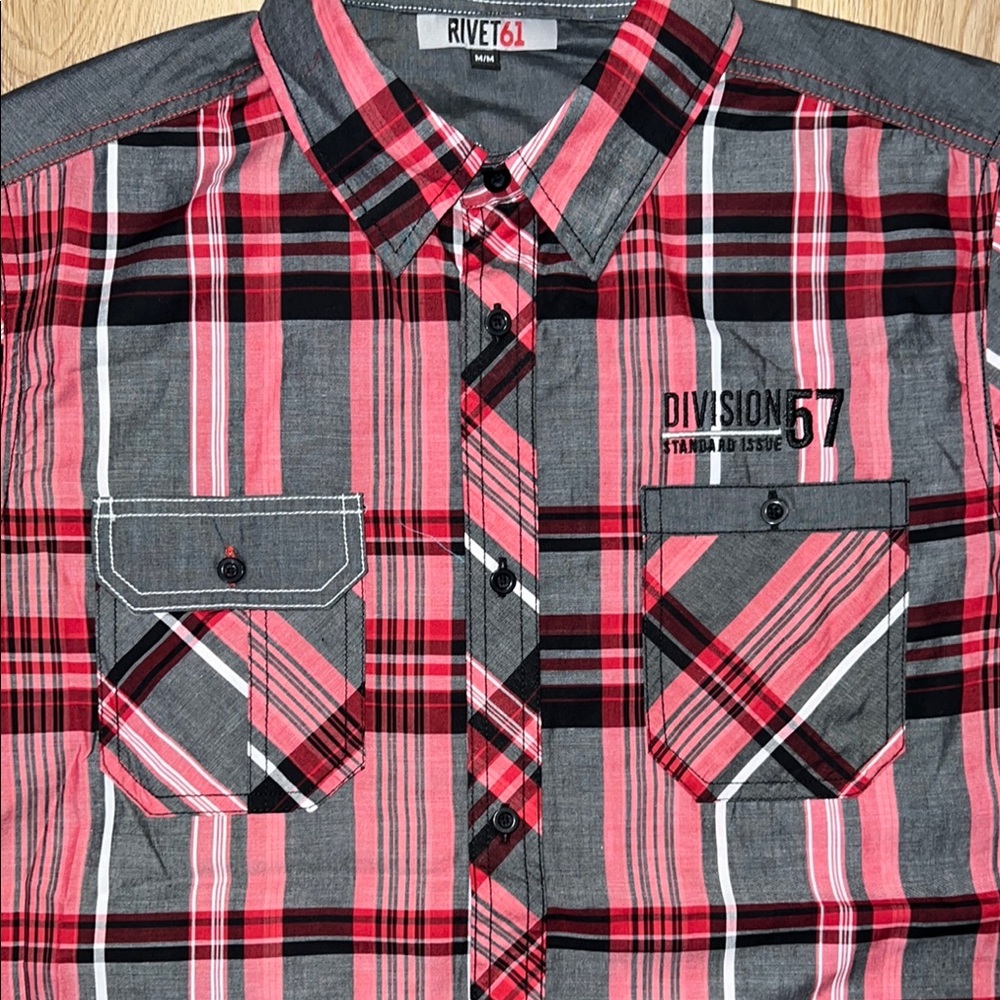 NWOT - RIVIT61 Red and Gray Casual Button Down Shirt with Plaid Design - Picture 3 of 7